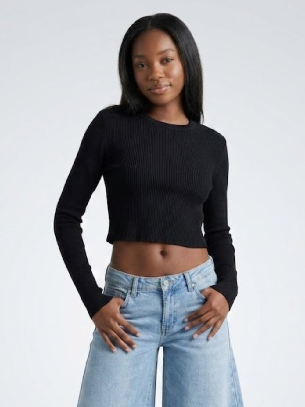 ZARA Black Ribbed Fitted Cropped Long Sleeve Knit Top NWT Size M